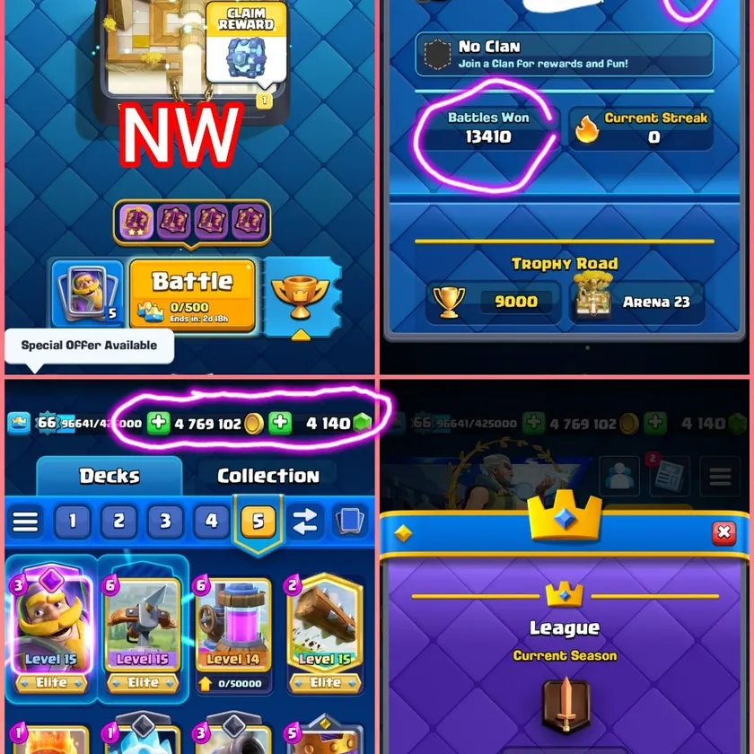 🎯US LOCAL 🇺🇸 TOP RANK 4143 TOP LADDER RANK 8917🏆119 MAX CARDS  61 ELITES 15 EVO 💯 XP 66 KT 15 ARENA 