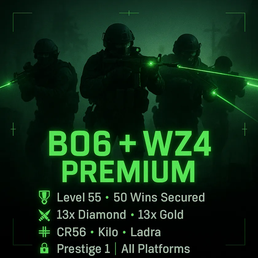 🔥BO6 META STACKED ACCOUNT🔥 13x Diamond Camo (Kilo + CR56) 🧿 Level 55 | 🏁 50 Ranked Wins 🛡️ 195 Camos • 13 Diamond • 15 Gold ⚔️ 18 Operators